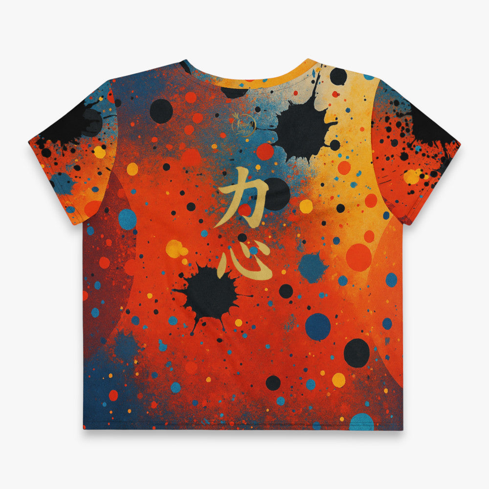 Crop top mujer estampado “Umbral” en tonos cálidos con ilustración central, vista frontal