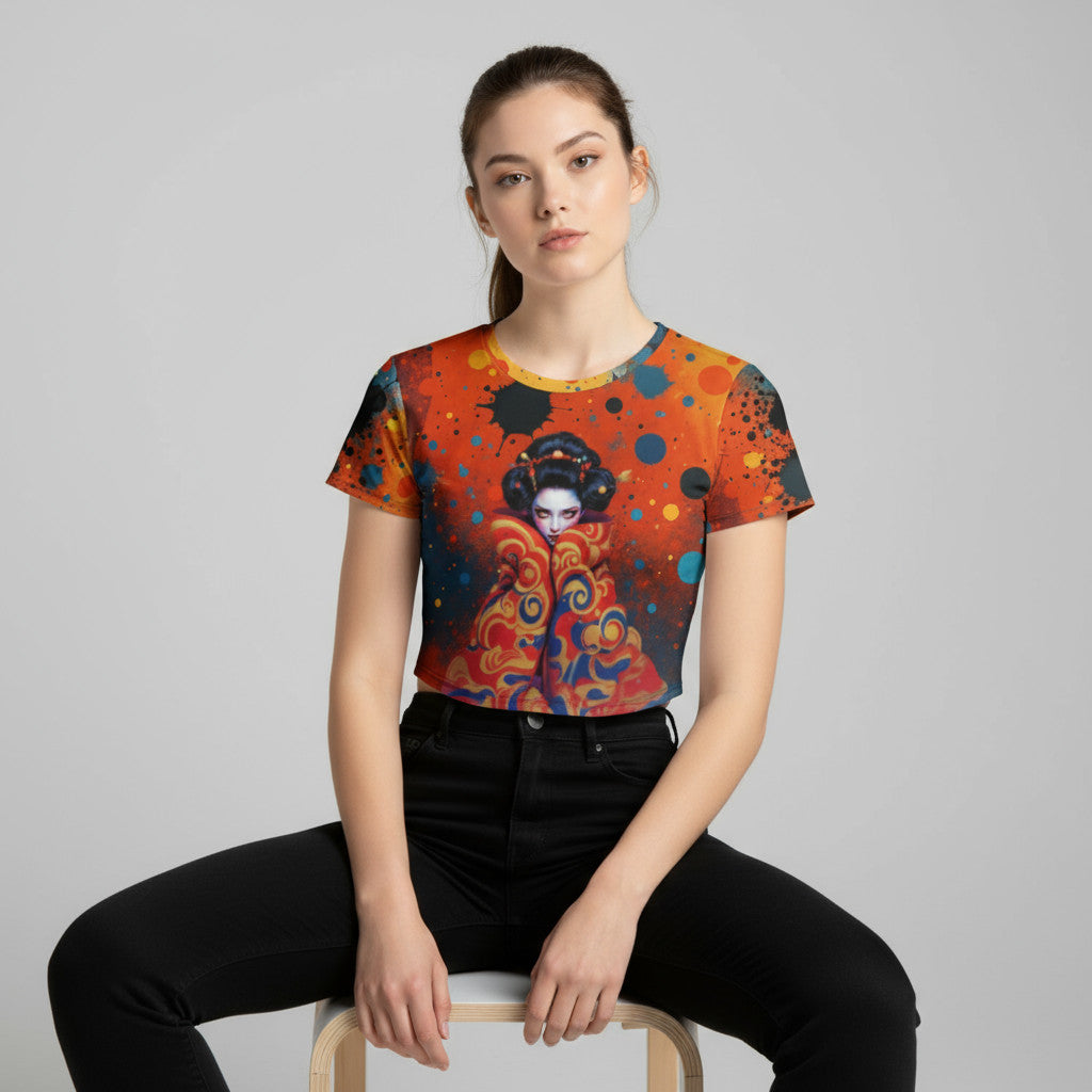 Crop top mujer estampado “Umbral” con figura femenina, vista frontal en modelo sentada