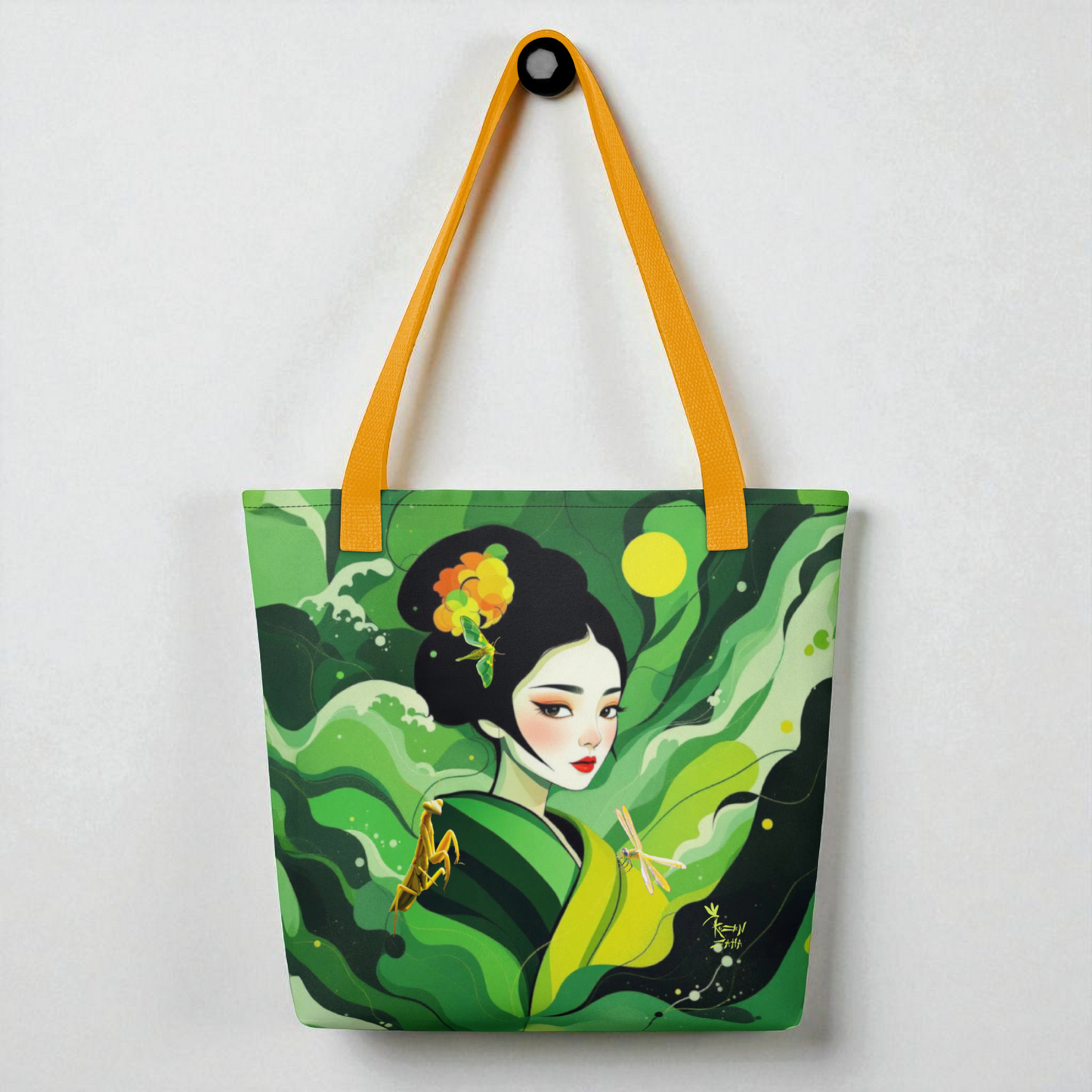 Bolso tote Geisha Esperanza, vista frontal con asas amarillas sobre superficie blanca.