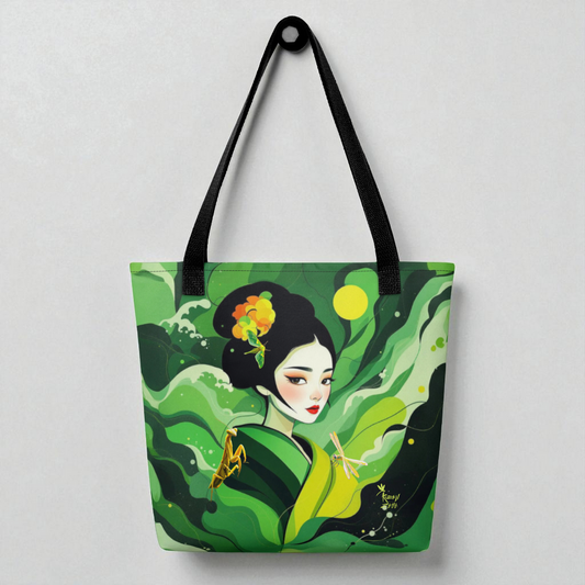 Bolso tote Geisha Esperanza, vista frontal centrada con asas negras y fondo de pared clara.