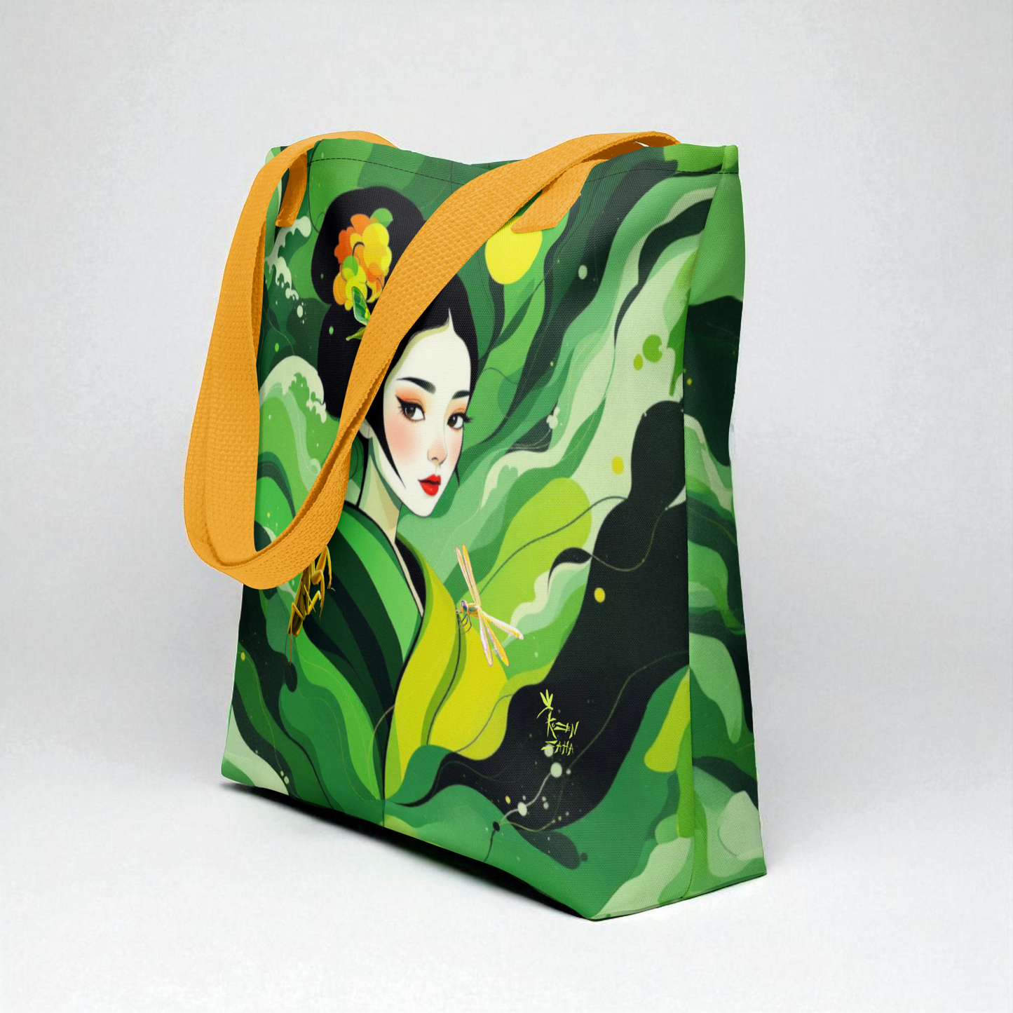 Bolso tote Geisha Esperanza en vista tres cuartos desde la derecha mostrando el lateral, asas amarillas.