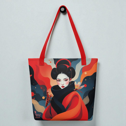 Bolso tote Geisha Roja, vista frontal con asas rojas sobre superficie blanca.