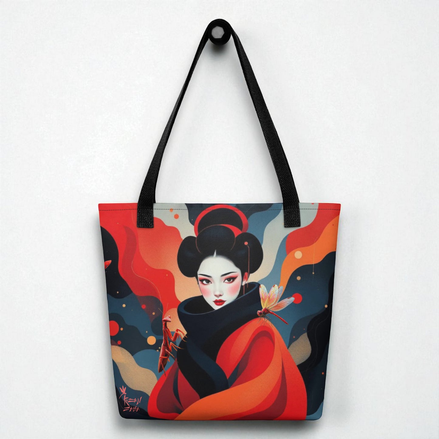 Bolso tote Geisha Roja, vista frontal centrada con asas negras, fondo de pared clara.