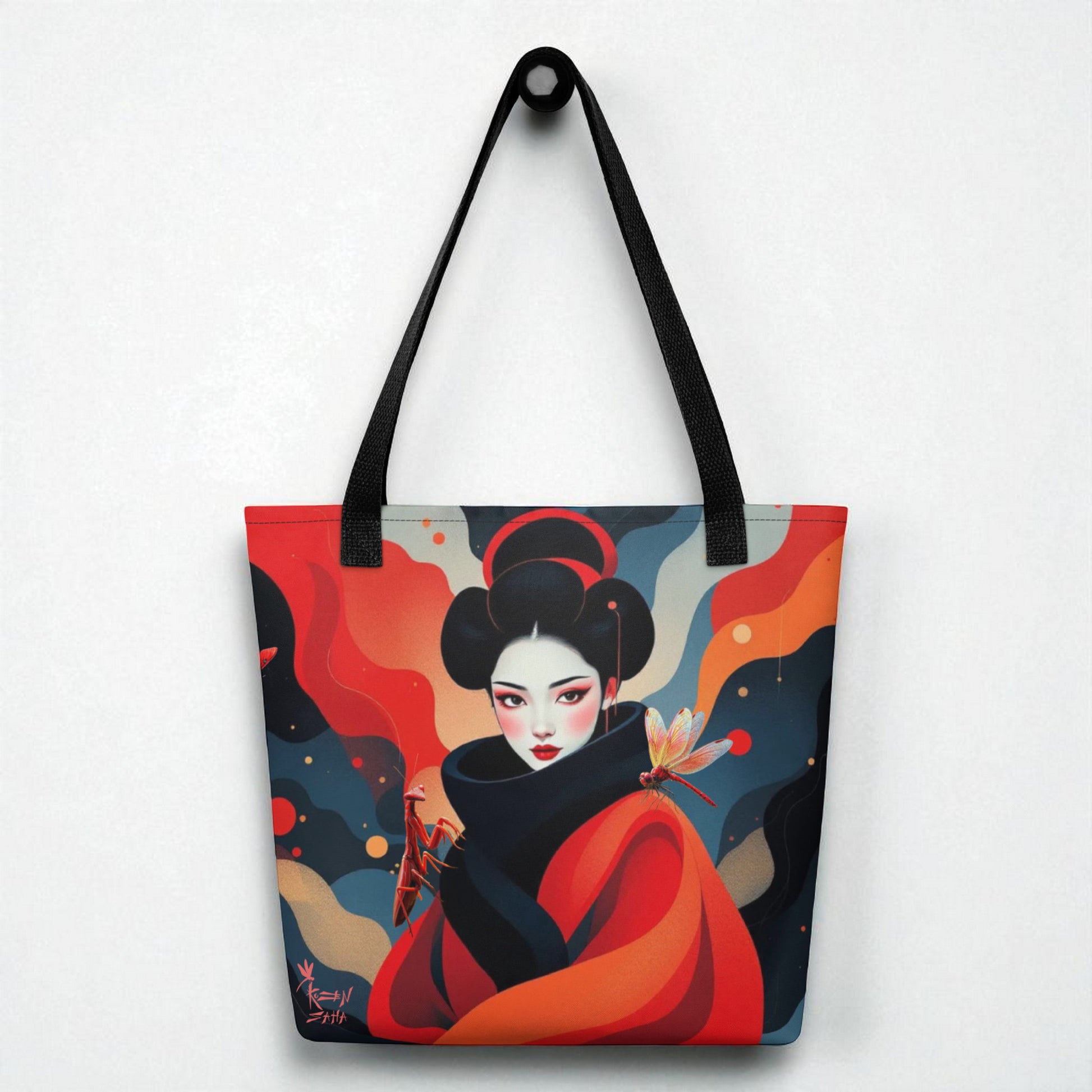 Bolso tote Geisha Roja, vista frontal centrada con asas negras, fondo de pared clara.