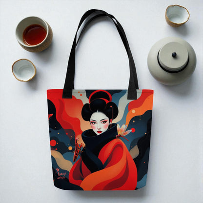 Bolso tote Geisha Roja sobre superficie blanca con pequeñas piezas de cerámica en la esquina superior derecha, asas negras.