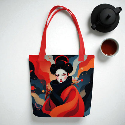 Bolso tote Geisha Roja en composición vista desde arriba con tetera kyusu y tazas yunomi pequeñas, asas rojas, fondo blanco.