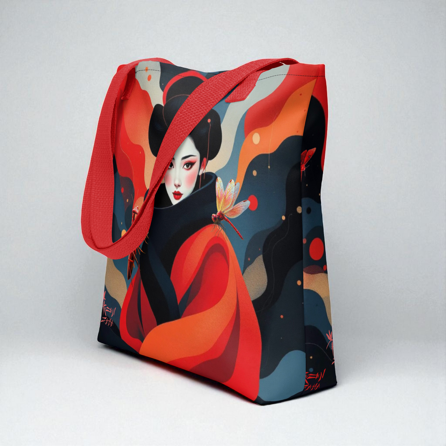 Bolso tote Geisha Roja en vista tres cuartos desde la izquierda mostrando el lateral, asas rojas.