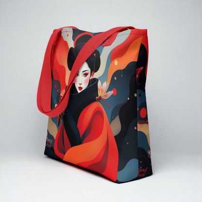 Bolso tote Geisha Roja en vista tres cuartos desde la izquierda mostrando el lateral, asas rojas.