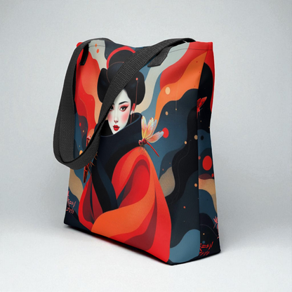 Bolso tote Geisha Roja en vista tres cuartos desde la izquierda mostrando el lateral, asas negras.