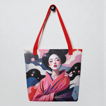 Bolso tote Geisha Rosa, vista frontal con asas rojas sobre superficie blanca.