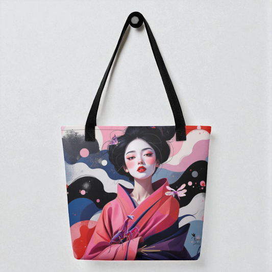Bolso tote Geisha Rosa, vista frontal centrada con asas negras, fondo de pared clara.