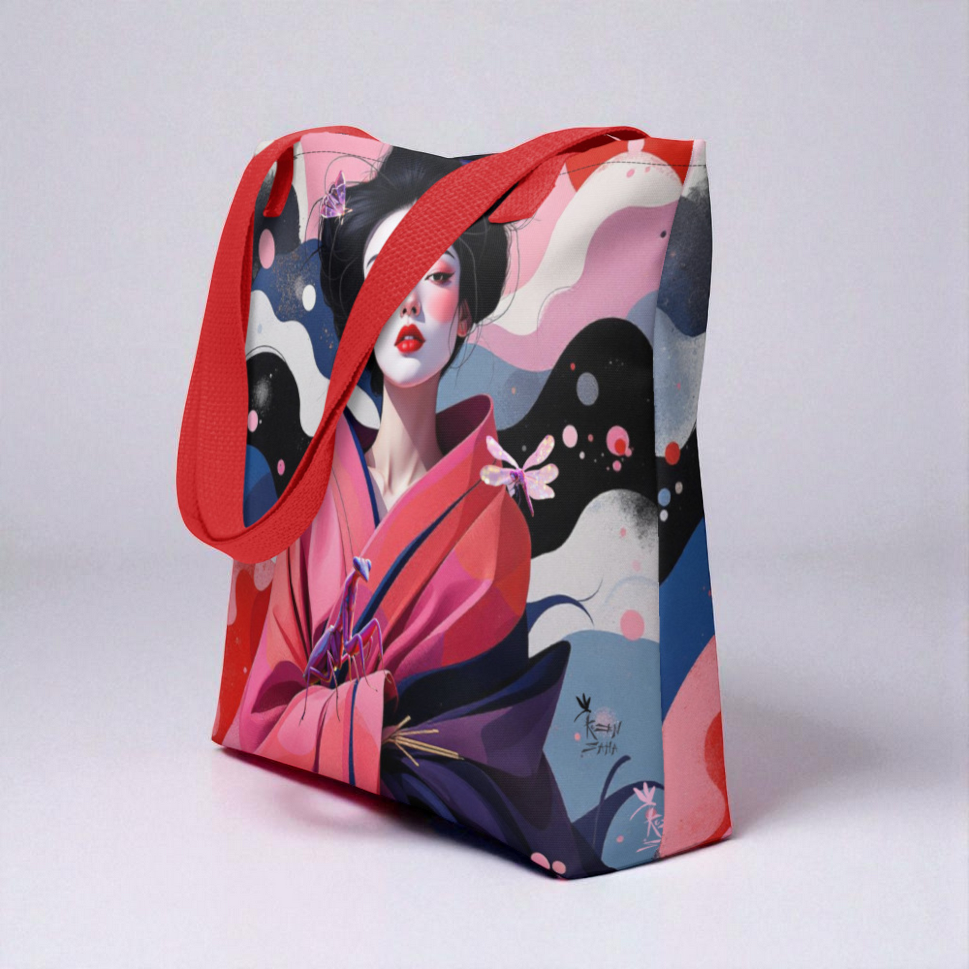 Bolso tote Geisha Rosa en vista tres cuartos desde la derecha mostrando el lateral, asas rojas.