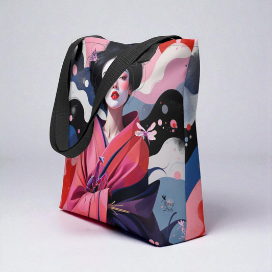 Bolso tote Geisha Rosa en vista tres cuartos desde la izquierda mostrando el lateral, asas negras.