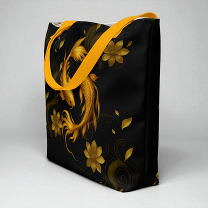 Bolso tote Golden Koi en vista lateral, asas doradas y diseño del koi.