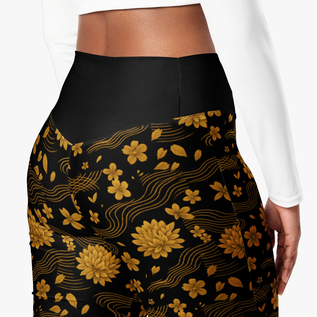 Leggings Crisantemo vista lateral mostrando el estampado dorado.