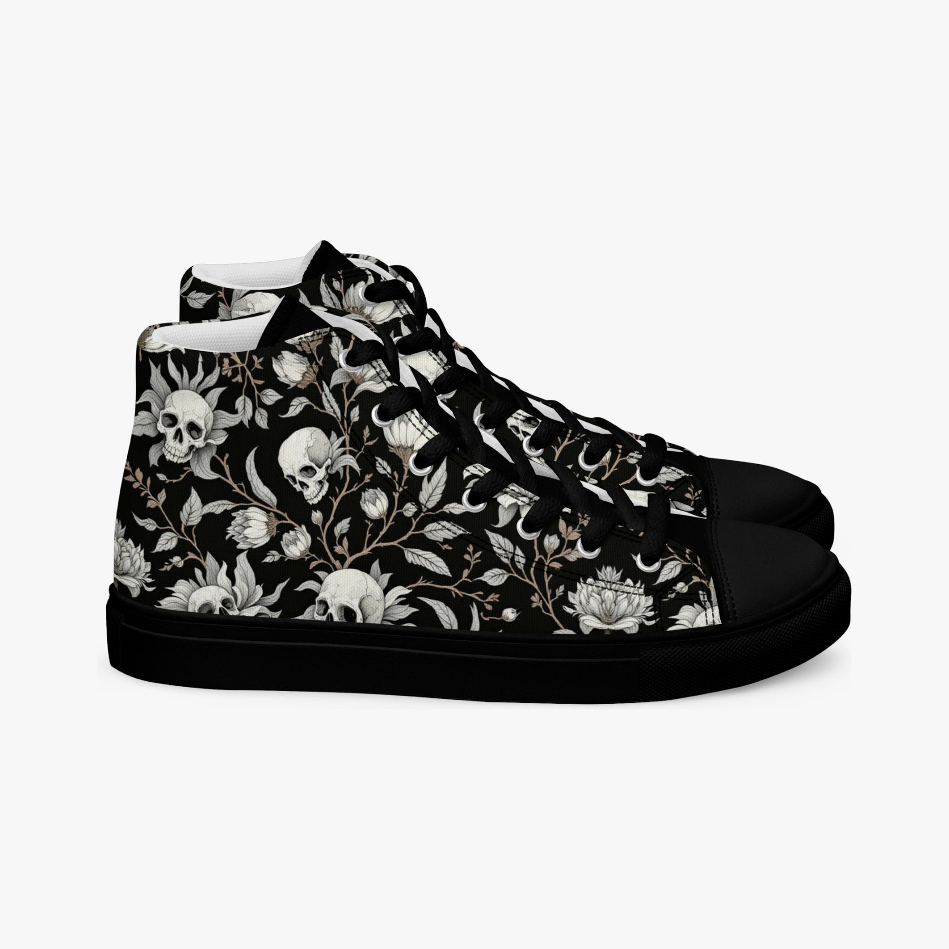 Par Zapatilla alta negra hombre con calaveras y flores  vista derecha