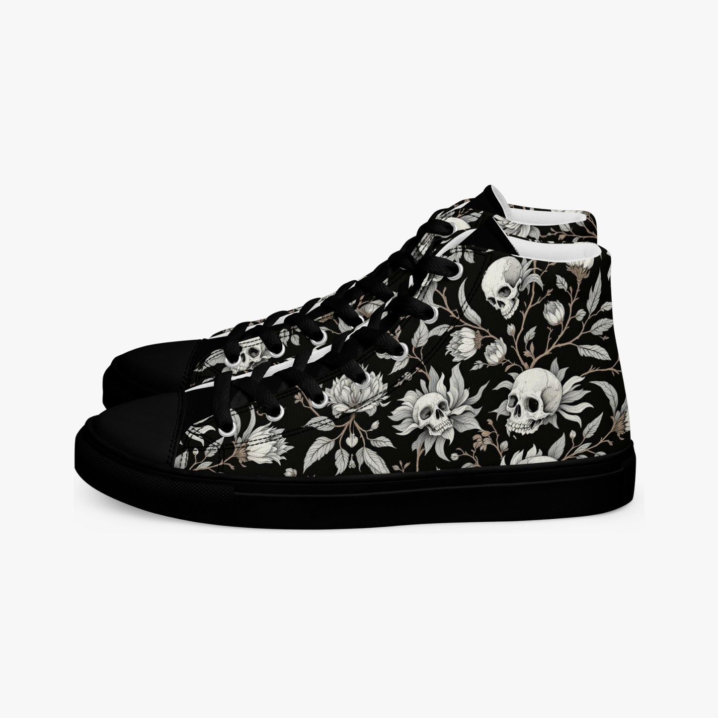 Par Zapatilla alta negra hombre con calaveras y flores  vista izquierda