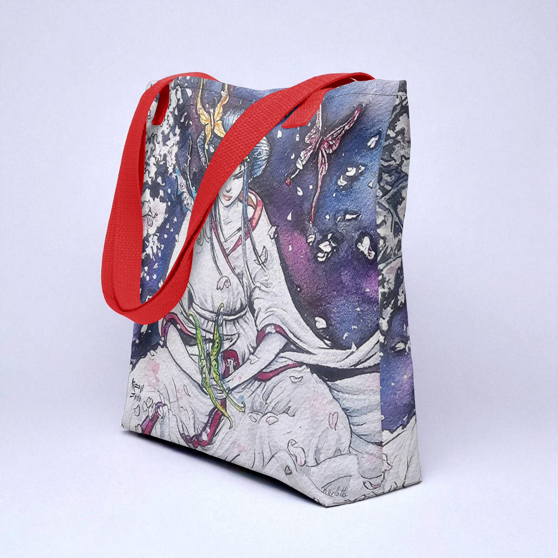 Bolso tote Paz Interior en vista tres cuartos desde la derecha mostrando el lateral, asas rojas.