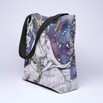 Bolso tote Paz Interior en vista tres cuartos desde la izquierda, asas negras, fondo neutro.