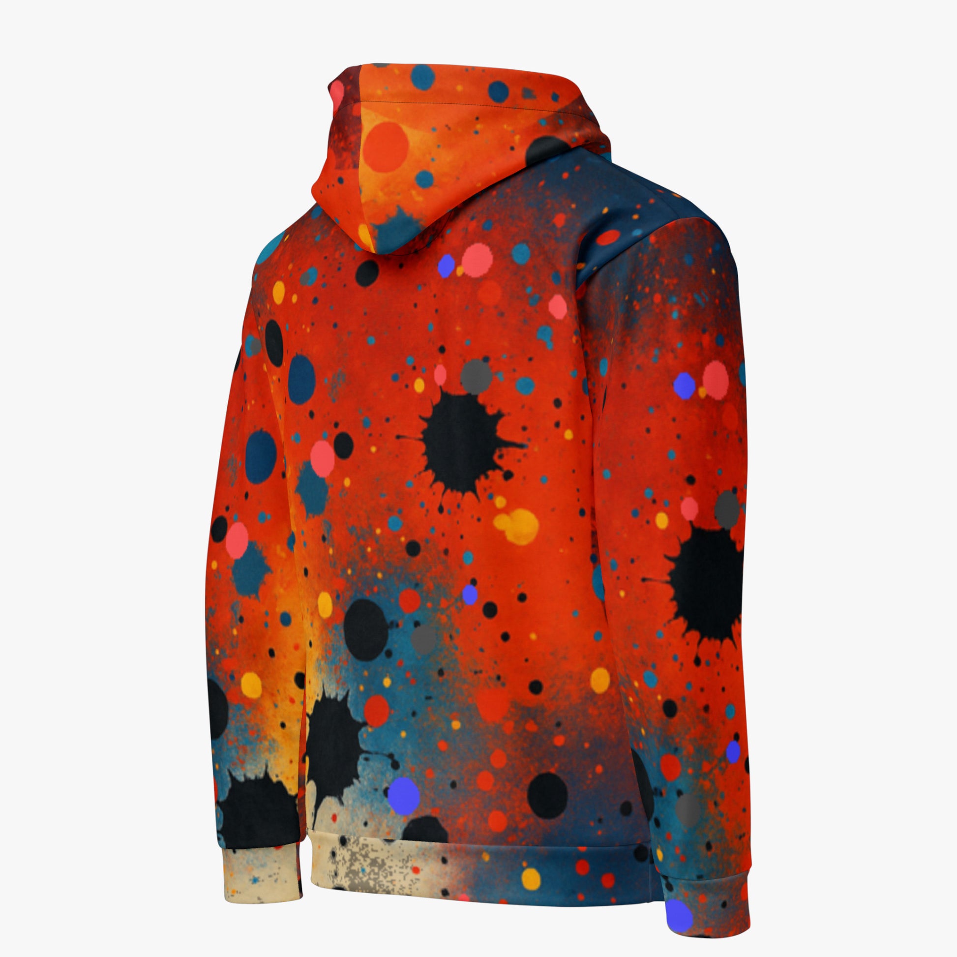 Sudadera con capucha Umbral en vista tres cuartos  derecha destacando el dibujo en cuerpo y mangas.