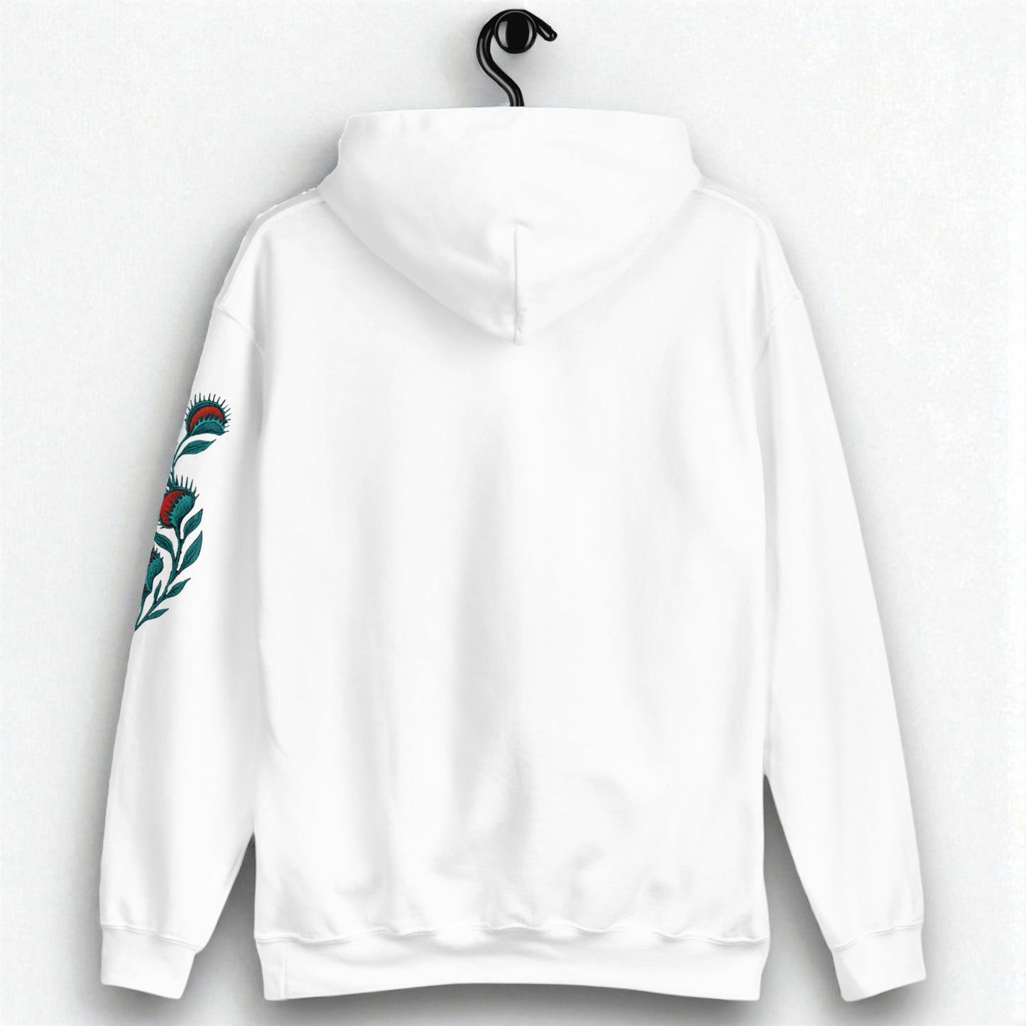 Sudadera con capucha blanca polilla calavera en percha vista trasera