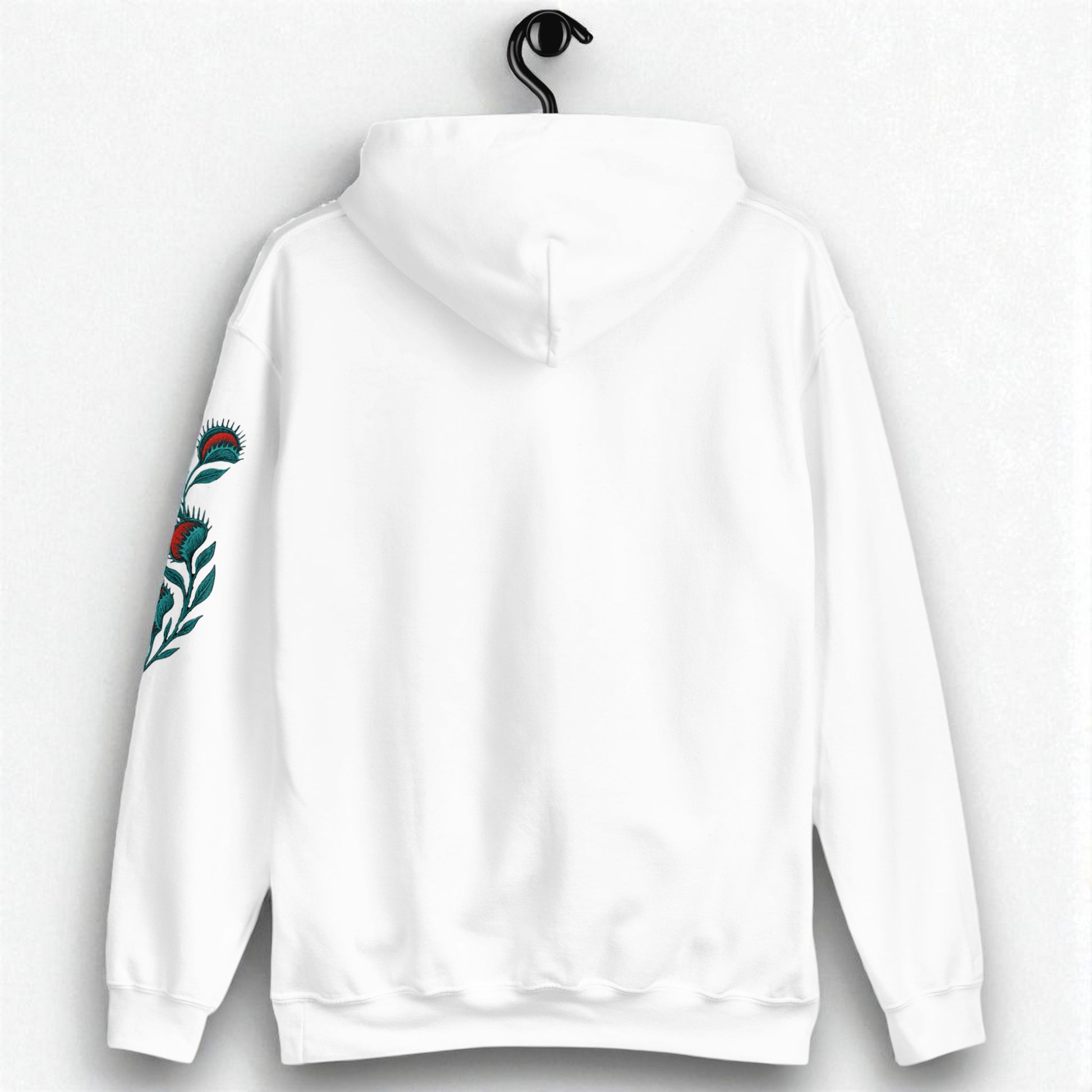 Sudadera con capucha blanca polilla calavera en percha vista trasera