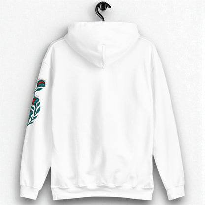 Sudadera con capucha blanca polilla calavera en percha vista trasera