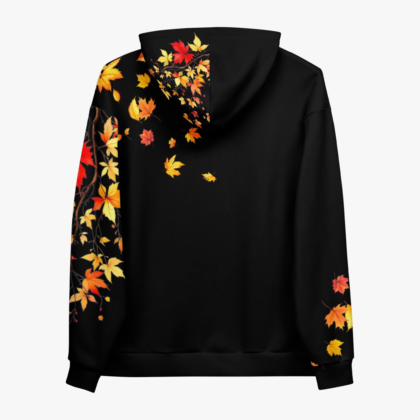 Sudadera negra con capucha vista por detrás con estampado de hojas otoñales en la parte superior.