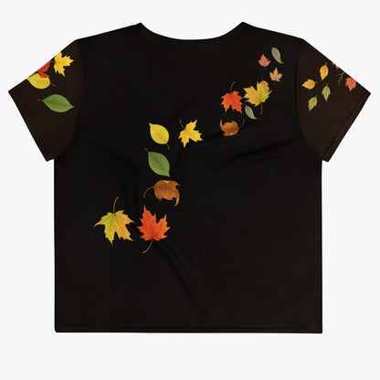 Top corto negro con hojas vista plana espalda