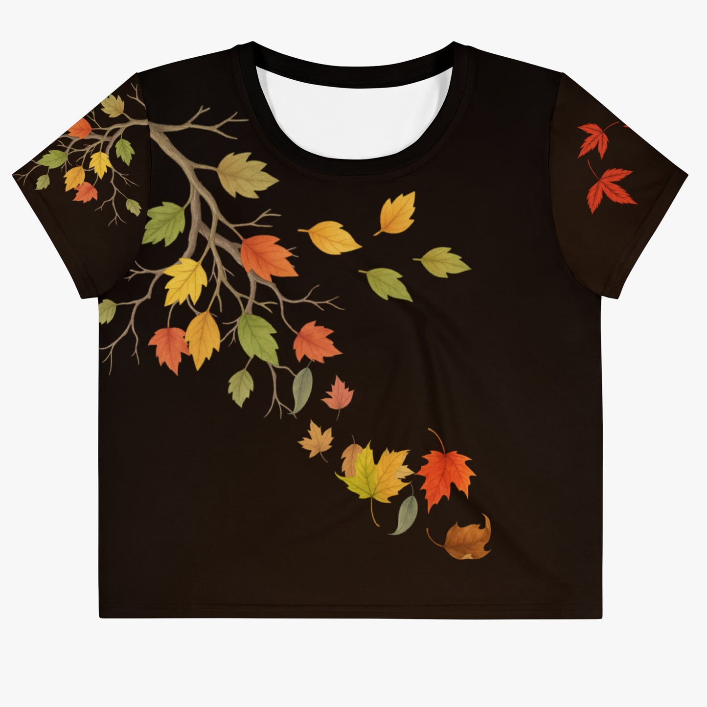 Top corto negro con hojas vista plana frente