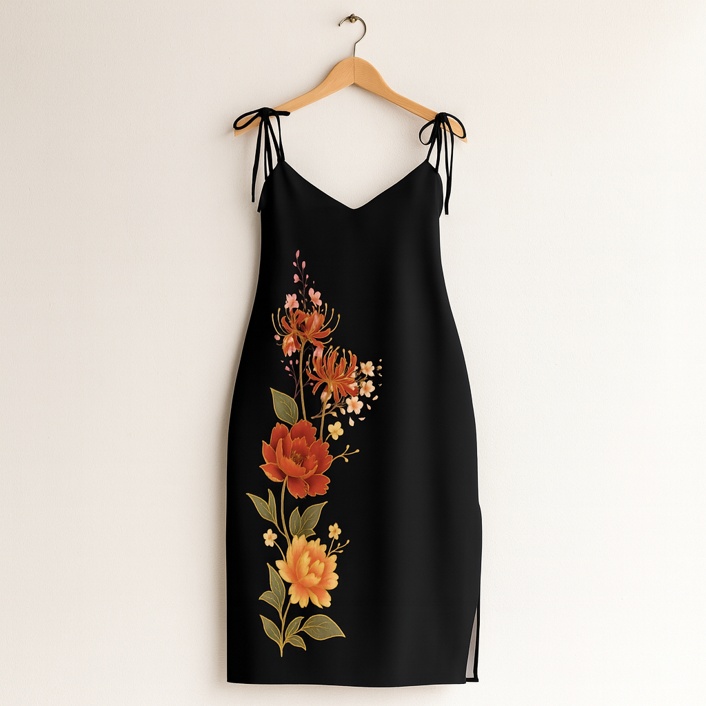 Vestido midi japonés negro colgado, vista frontal con flores rojas y doradas.