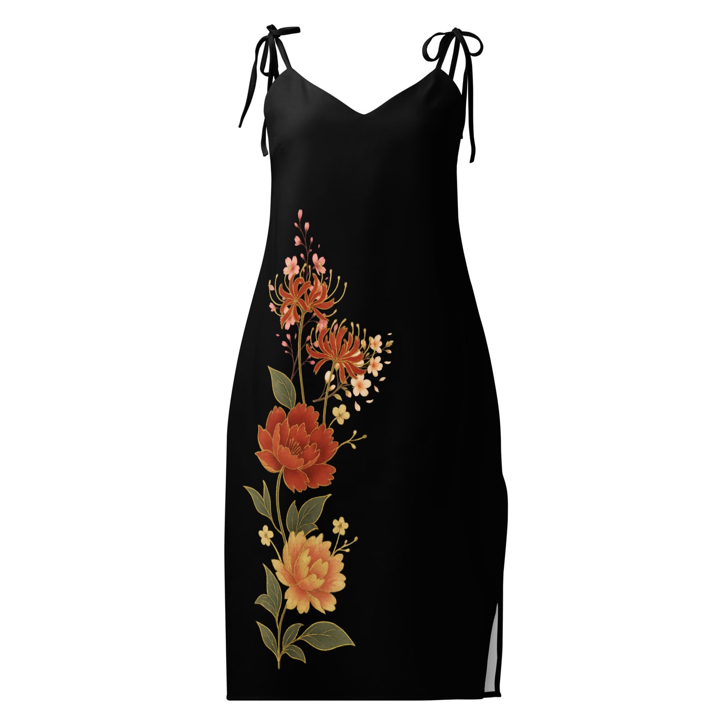 Vestido midi japonés negro colgado, vista frontal con flores rojas y doradas y libélula roja