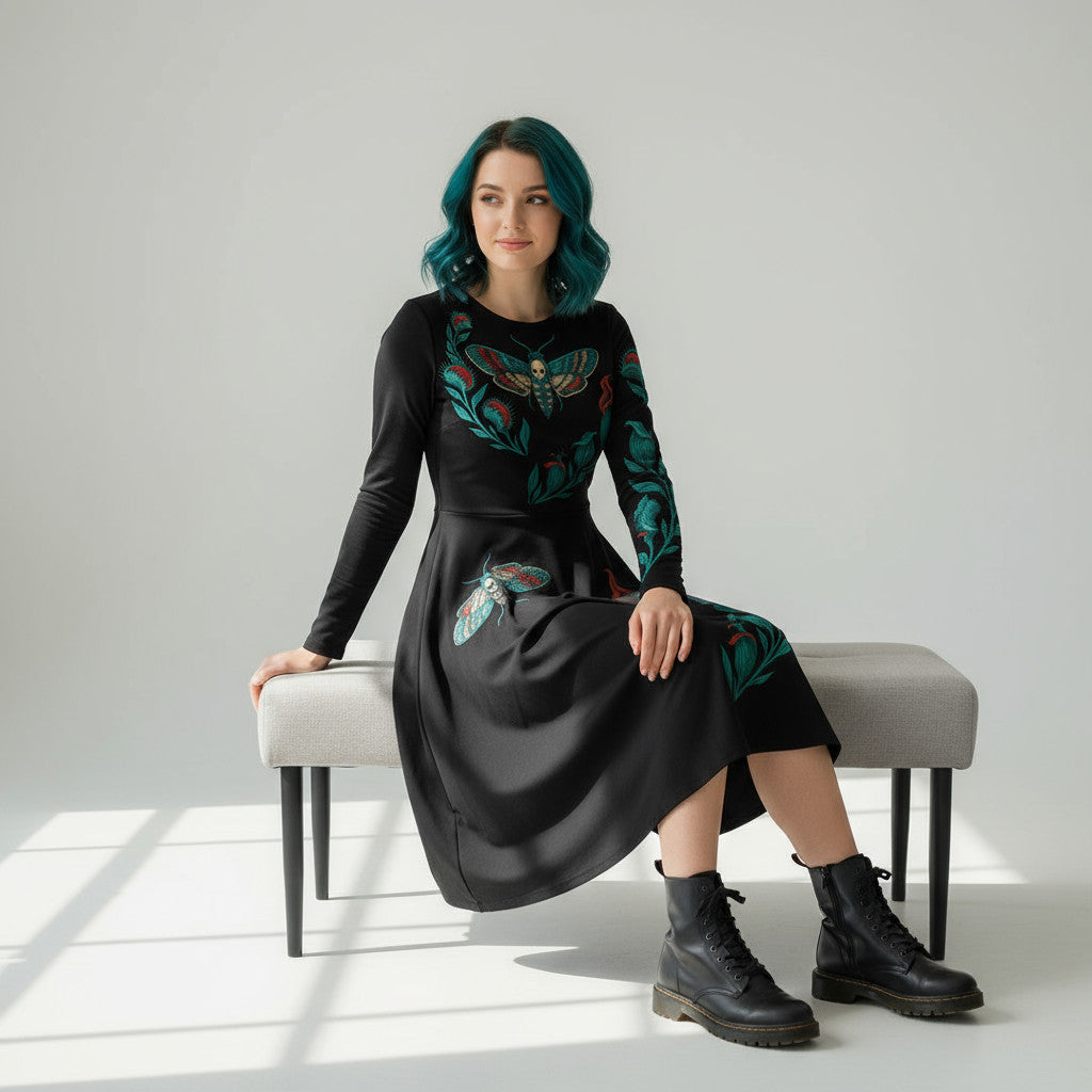 Vestido midi negro Blue and Black Moth modelo sentada tres cuartos