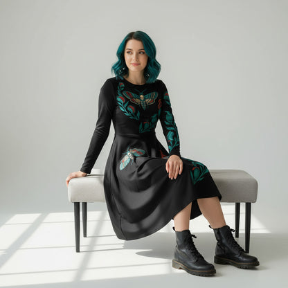 Vestido midi negro Blue and Black Moth modelo sentada tres cuartos