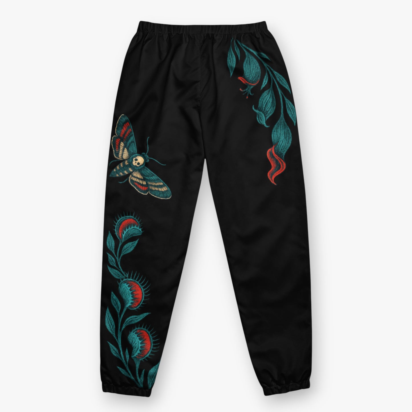 Vista posterior del pantalón , motivo botánico visible polilla calavera y carnivoras en azul