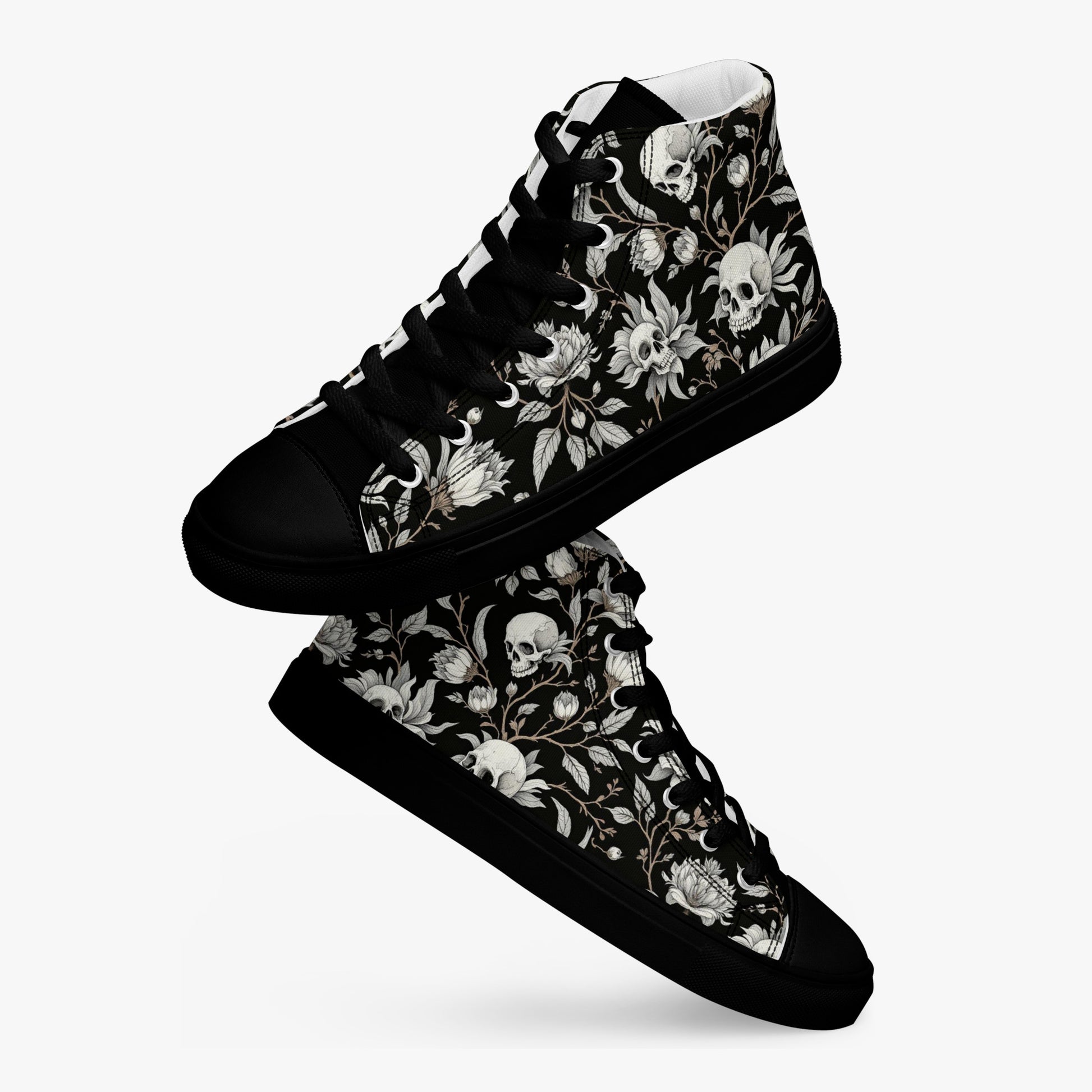 Zapatillas altas mujer con calaveras y flores vista diagonal