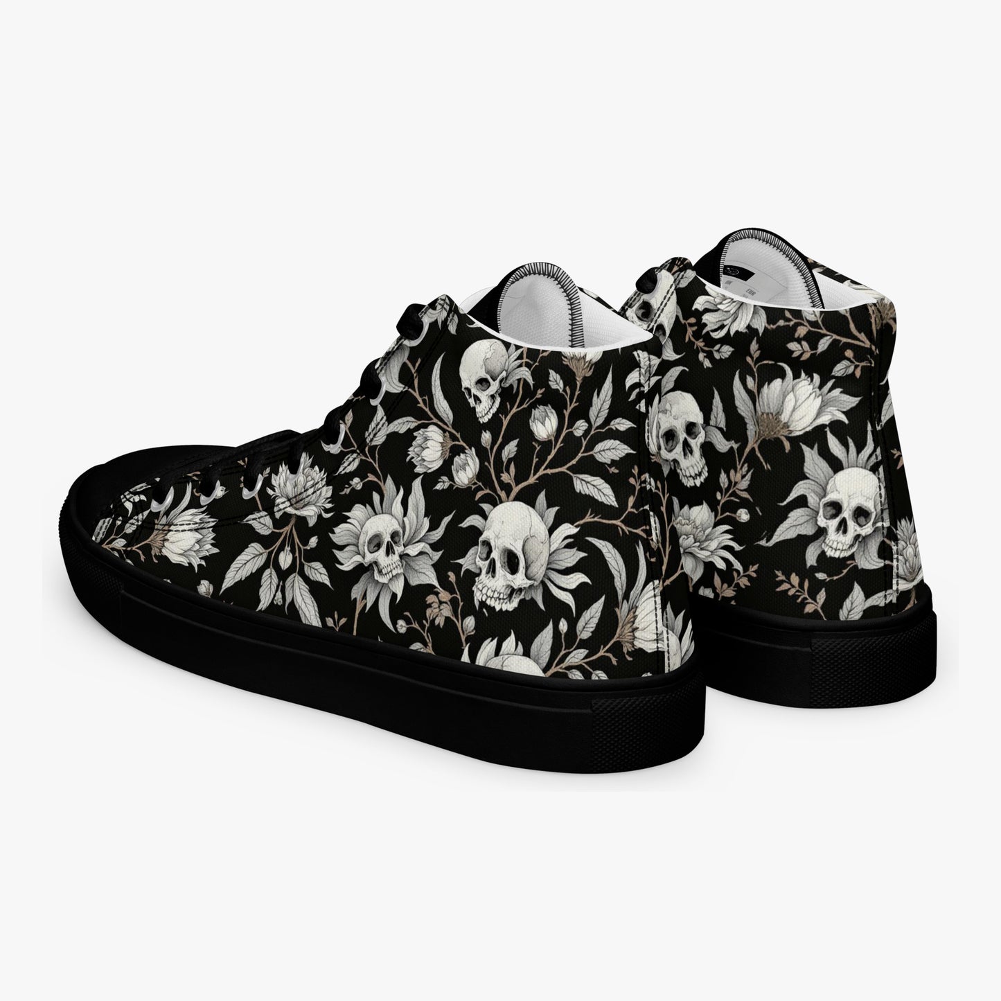 Zapatillas altas mujer con calaveras y flores vista trasera diagonal