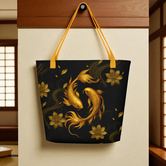 Bolso Golden Koi con diseño de carpa koi dorada y flores, impreso por ambos lados. Asas amarillas.