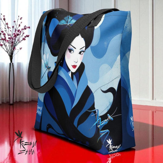 Bolso tote Geisha Azul con asas negras, estilo shopper artístico japonés