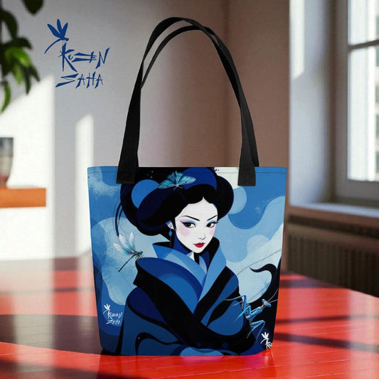 Bolso tote estilo shopper con ilustración de geisha en tonos azules, diseño artístico japonés