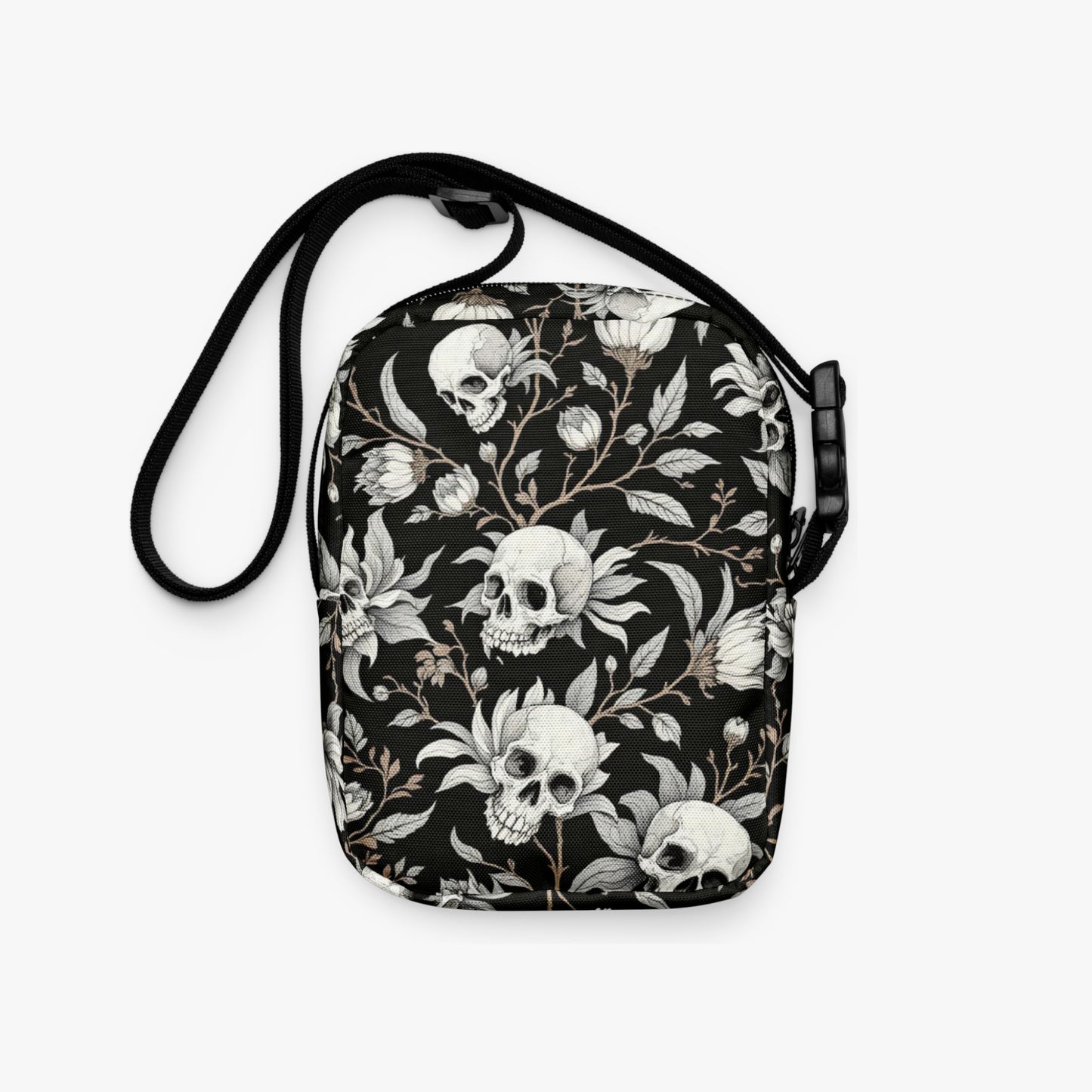Bolso bandolera negro con calaveras y flores vista trasera con correa