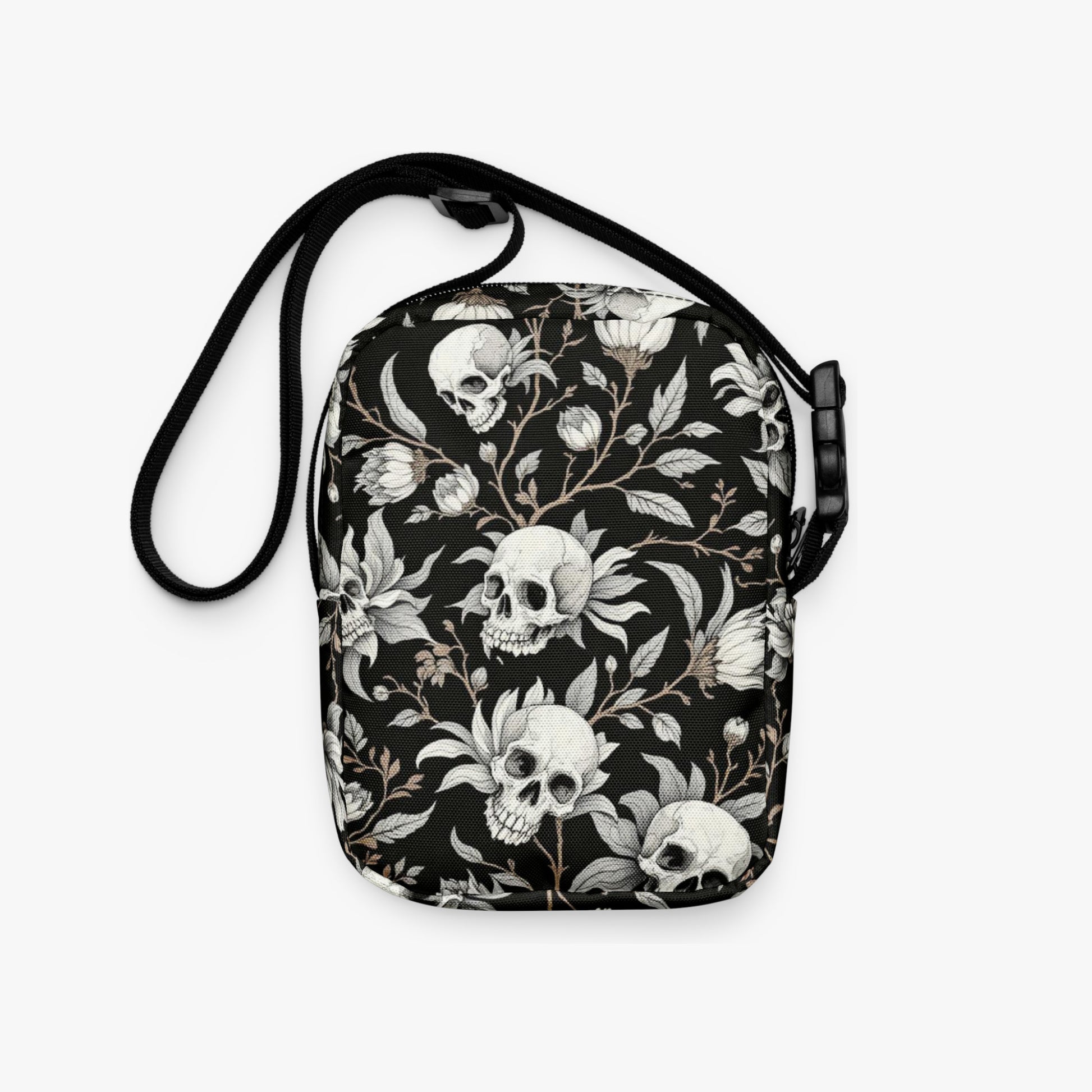 Bolso bandolera negro con calaveras y flores vista trasera con correa