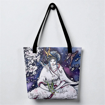Bolso tote Paz Interior, vista frontal centrada con asas negras, fondo de pared clara, ilustración artística en tonos violeta.