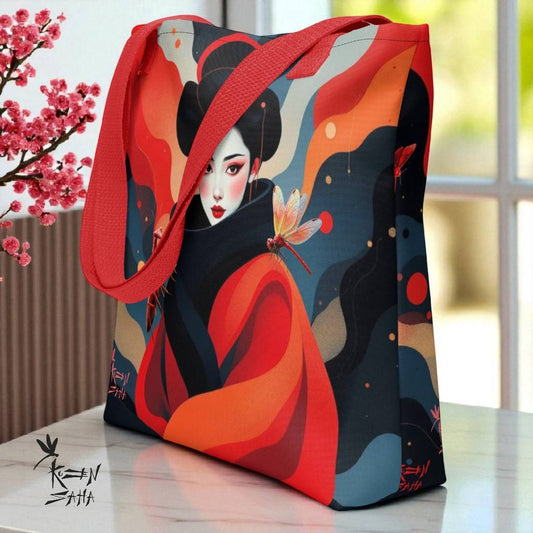 Bolso tote Geisha Roja en vista lateral, diseño artístico japonés con flores de cerezo en el fondo.