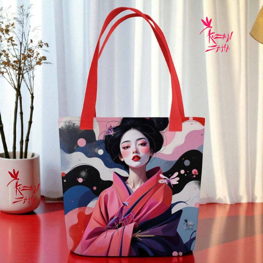 Bolso tote Geisha Rosa con asas rojas, junto a florero minimalista sobre superficie blanca, estilo artístico japonés