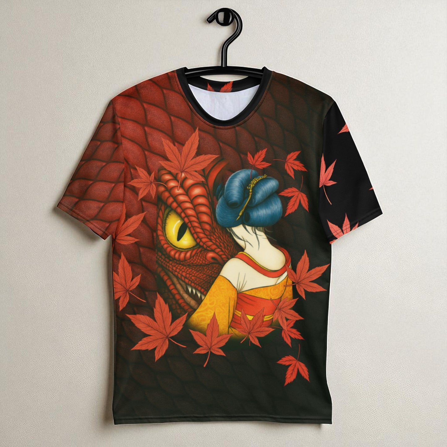 Detalle frontal camiseta dragón rojo y geisha. Arte japonés