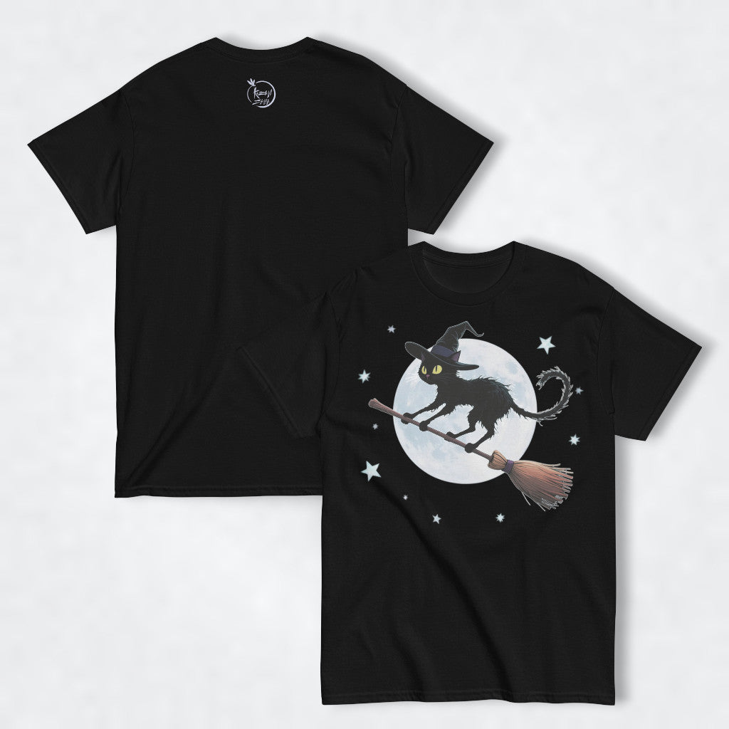 Camiseta mujer “La luna y el gato” en negro, vista frontal y espalda plana.