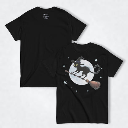 Camiseta mujer “La luna y el gato” en negro, vista frontal y espalda plana.