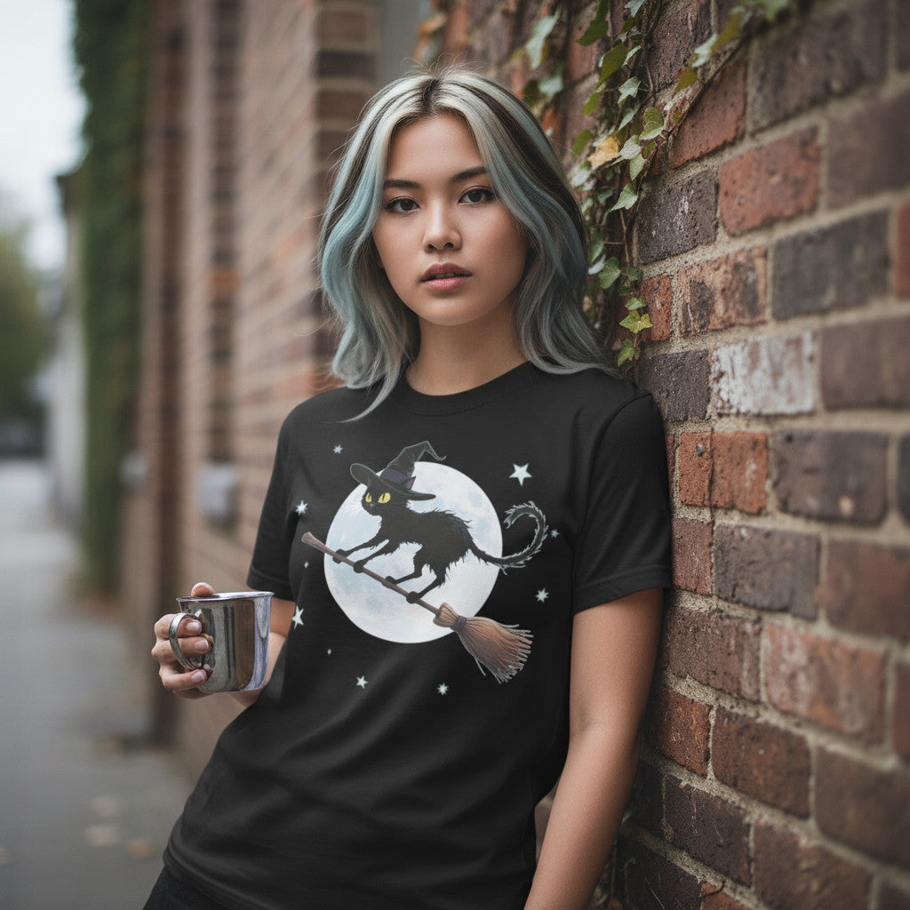 Modelo mujer con camiseta negra “La luna y el gato”, look urbano junto a pared de ladrillo.