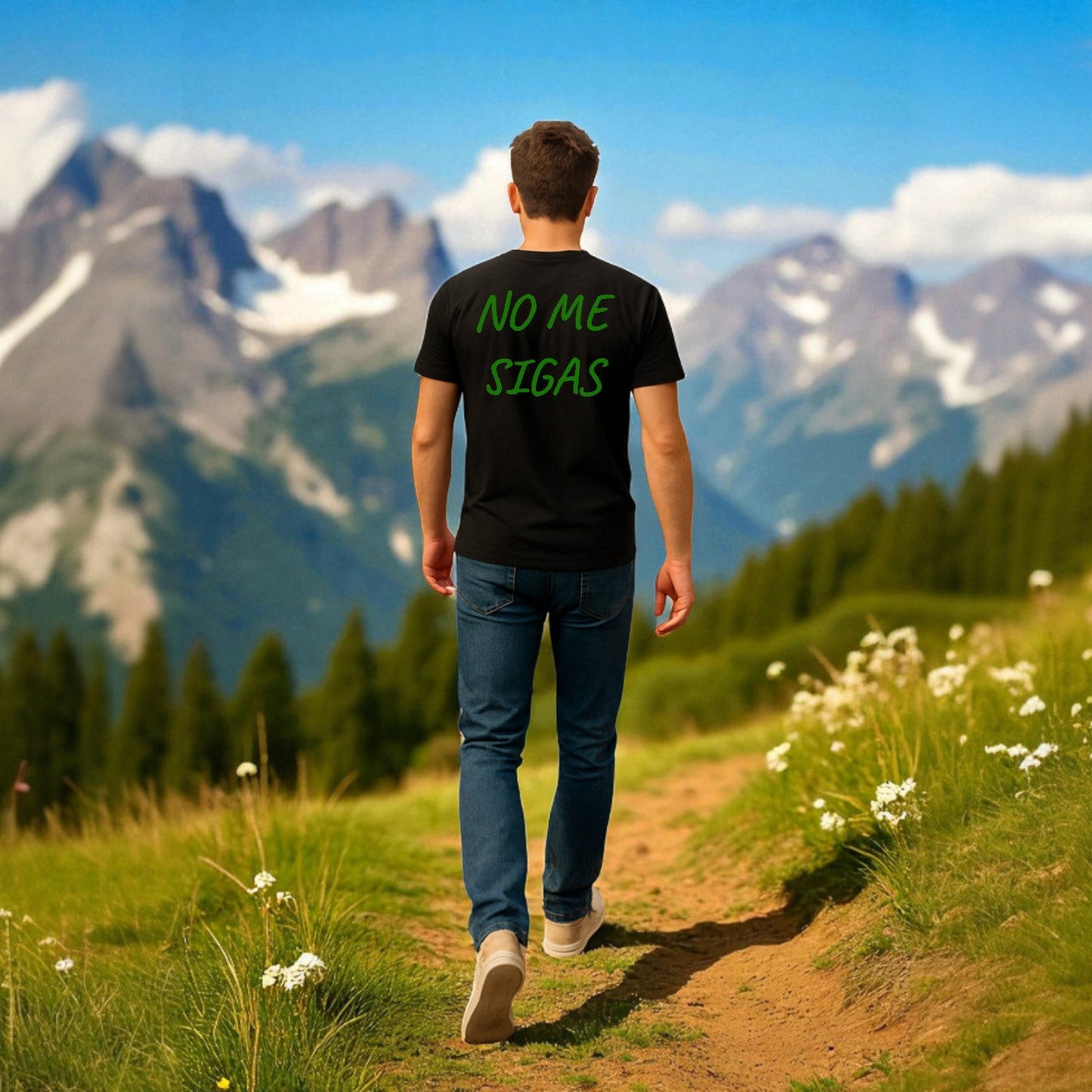 Persona de espaldas en camino, mostrando la frase “NO ME SIGAS” en la espalda.